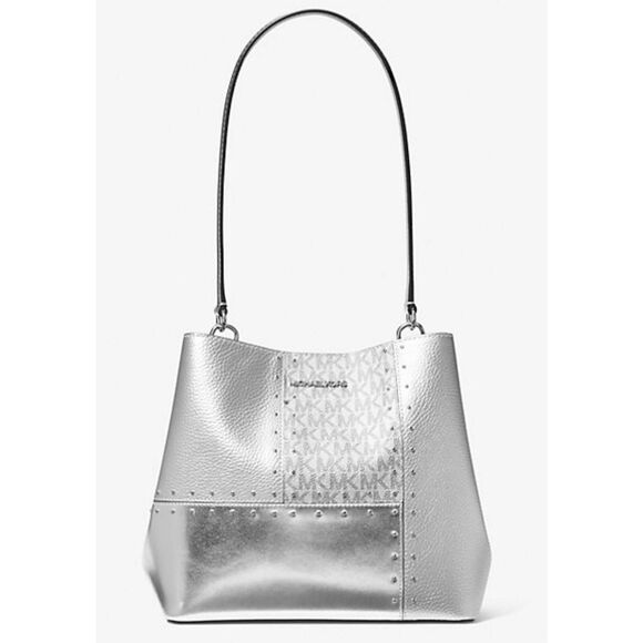 NWT~MICHAEL KORS Pratt Medium Studded Metallic Patchwork Sig Logo Shoulder Bag - Picture 5 of 7